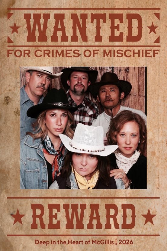 Wanted poster style photo booth print of six guests in western wear, five in cowboy hats
